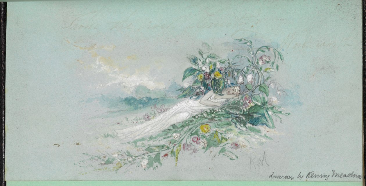 F.7: Egy nő a virágok között, egy „Vázlatfüzetből Charles Dickens-történetek jeleneteivel” (akvarell, papír) alkotó: English School