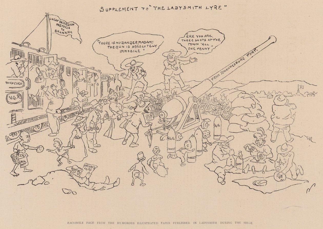 Fakszimile oldal a Ladysmithben az ostrom alatt megjelent humoros illusztrált újságból (litográfia) alkotó: English School