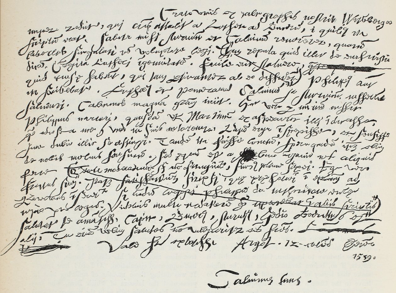Kálvin kézírásának fakszimile, illusztrációja James Aitken Wylie (1808-1890) A protestantizmus története című könyvéből, pub. 1878 alkotó: English School