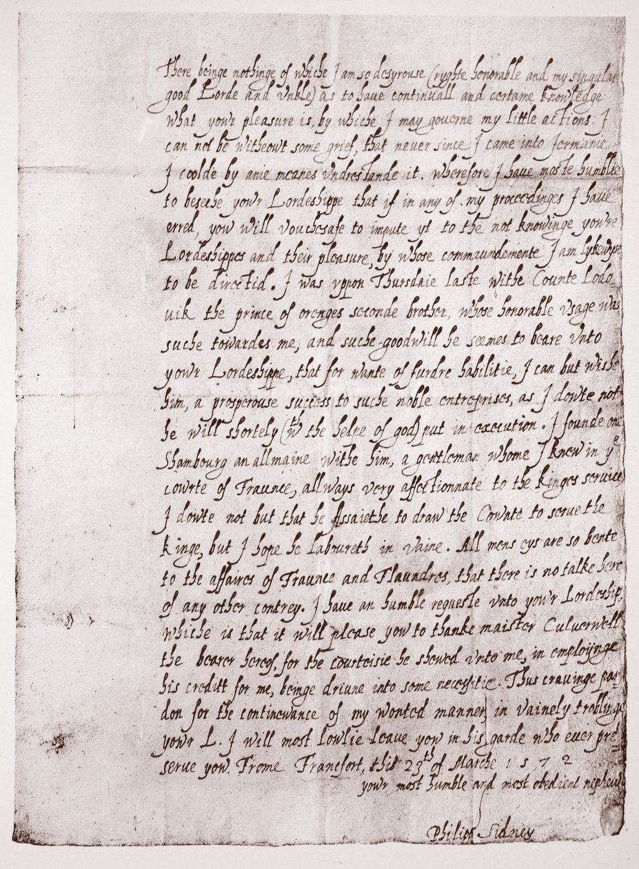 Fakszimile Philip Sidneys kézírásáról 18 évesen, 1572. március 23. alkotó: English School