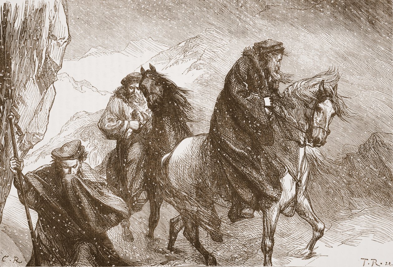 Farel és társai az Alpokon át utazva, illusztrációja James Aitken Wylie (1808-1890) A protestantizmus története című könyvéből, pub. 1878 alkotó: English School
