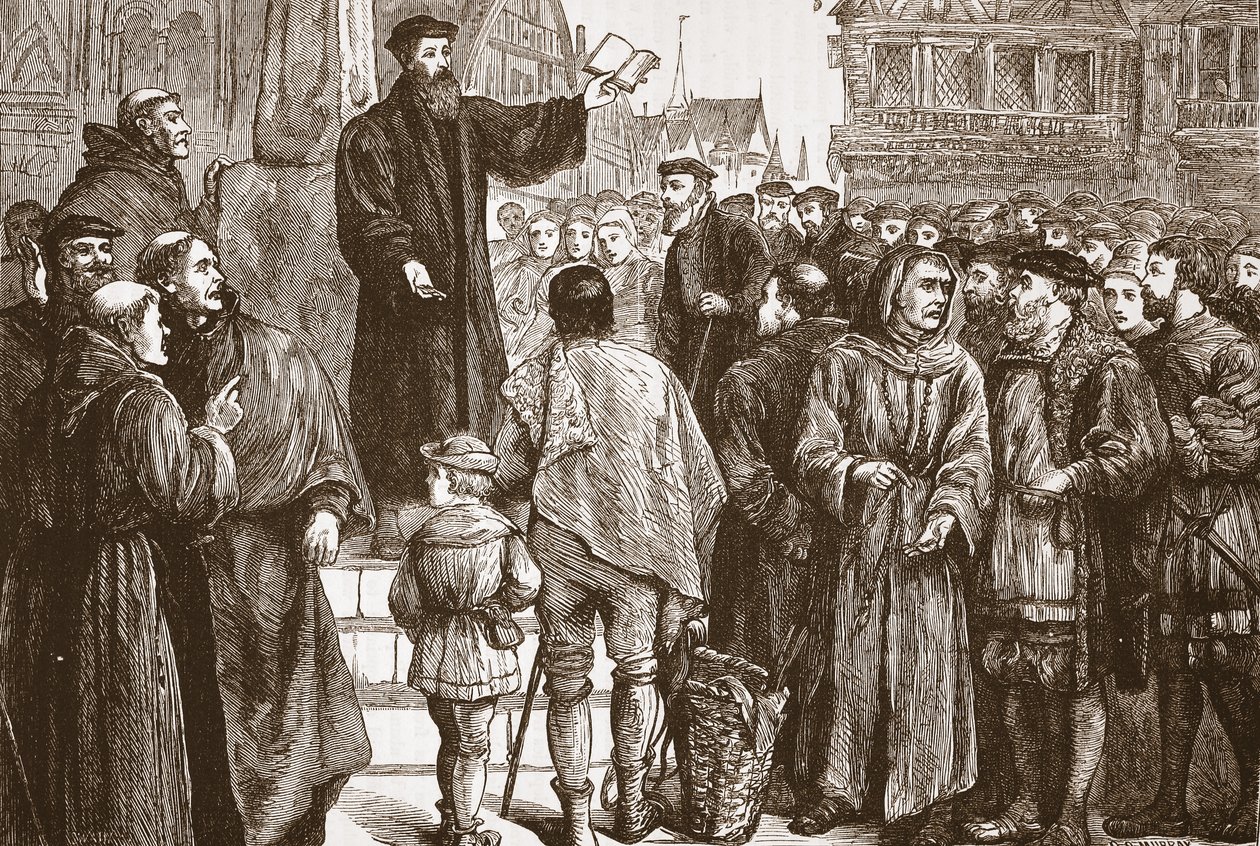 Farel prédikál Neuchatel piacterén, illusztráció: James Aitken Wylie (1808-1890) A protestantizmus története című könyvéből, pub. 1878 alkotó: English School