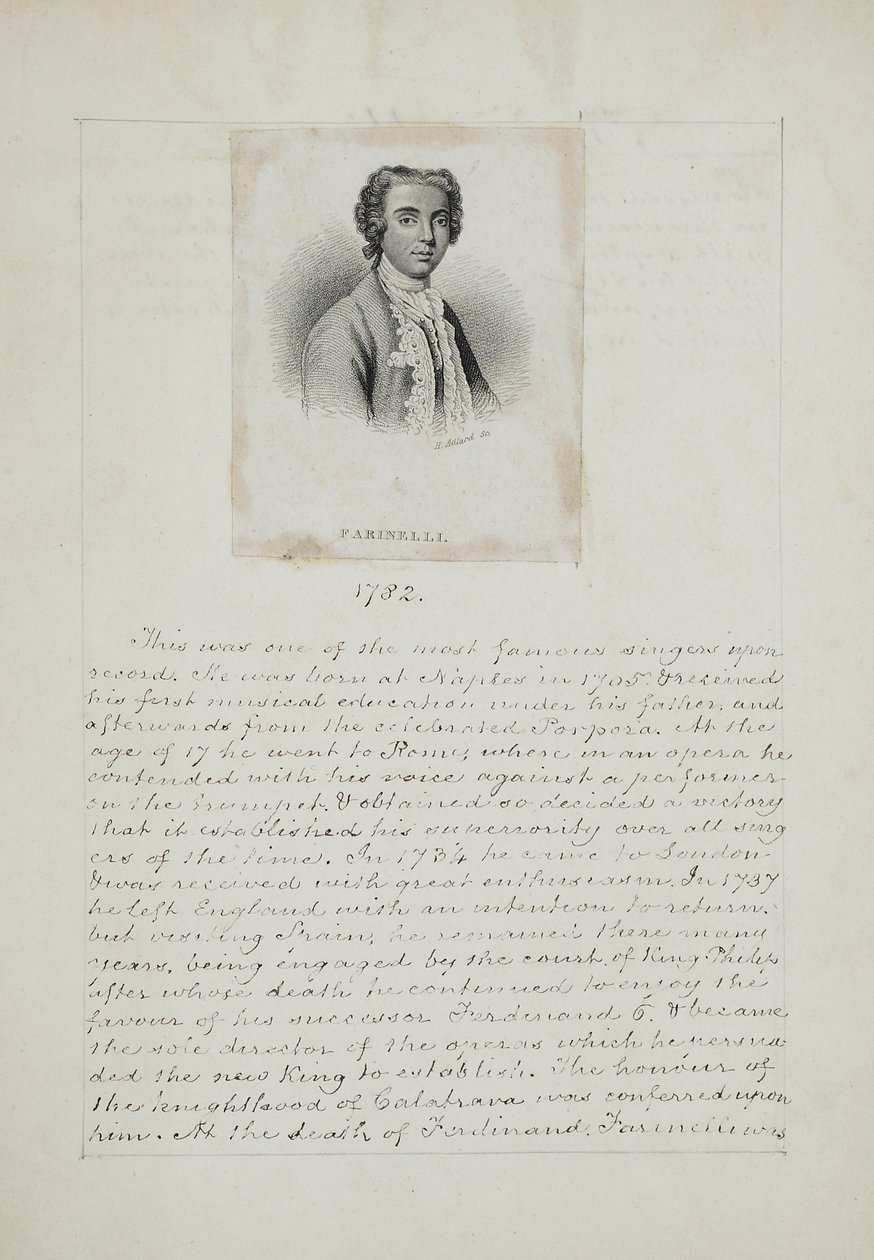Farinelli, metszett Henry Adlard (fl.1828-69), 1830 körül (metszet, toll és tinta papírra) alkotó: English School