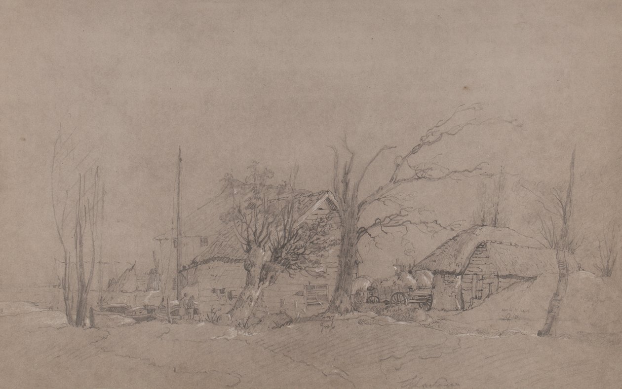 Gazdasági épületek a folyóparton, 1840 körül alkotó: English School
