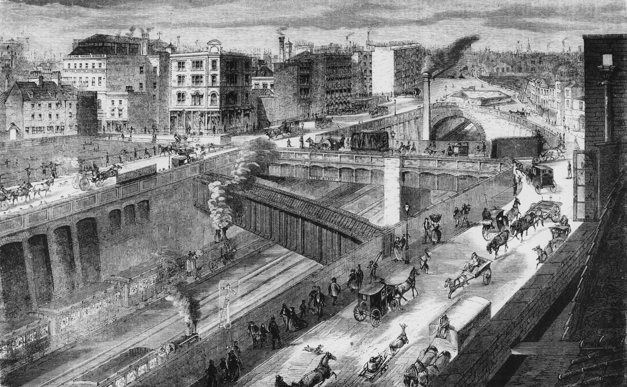 A Farringdon Road és a Metropolitan Railway észak felé néz alkotó: English School