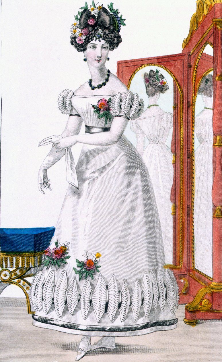 Egy estélyi ruhás hölgy divattányérja, "Modes de Paris" reklám, 1825 körül (színes metszet) (100997 részlet) alkotó: English School