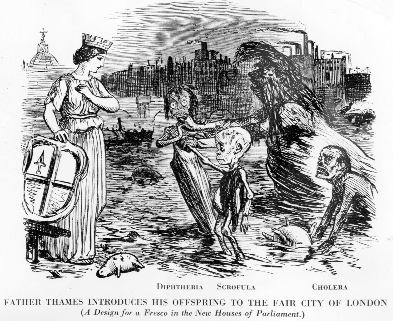 Thames atya bemutatja utódait a londoni Fair Cityben, az utódok diftéria, skrofula és kolera. Inkább nyílt csatorna, mint folyó, a londoni Temze undorító állama. alkotó: English School