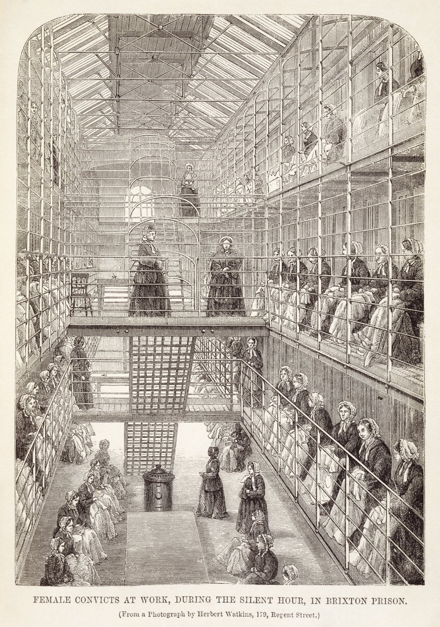 Női elítéltek munkahelyen a néma órában a brixtoni börtönben, A londoni bűnügyi börtönökből és Henry Mayhew (1812-87) és John Binny jelenetei a börtönből, 1860 alkotó: English School