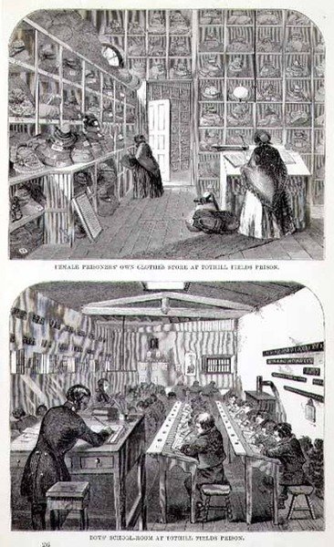 Női rabok saját ruhaboltja és fiúiskola a Tothill Fields-i börtönben, Henry Mayhew (1812-87) és John Binny „A londoni bűnügyi börtönök és a börtönélet színterei” című művéből alkotó: English School