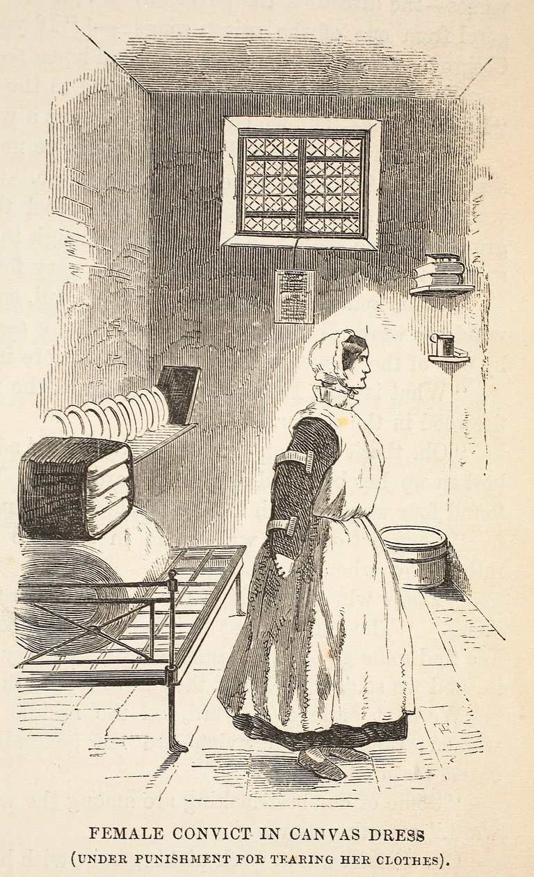Női elítélt vászonruhában (ruha szakításáért büntetés alatt), illusztráció a londoni büntetőbörtönből, valamint Henry Mayhew és John Binny jelenetek a börtönéletből, kocsma. 1862 (engra alkotó: English School