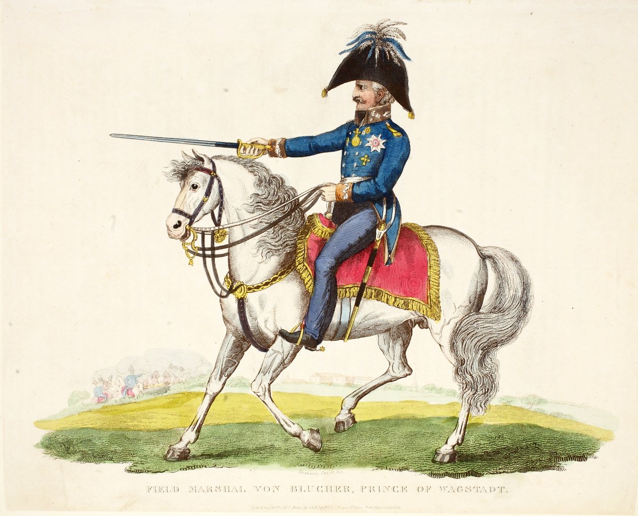 Feld Marshall von Blucher, Wagstadt hercege, kocsma. Richard Evans, engr Romney, illusztráció a Waterloo-i csata történetéről, William Mudford, 1816 alkotó: English School