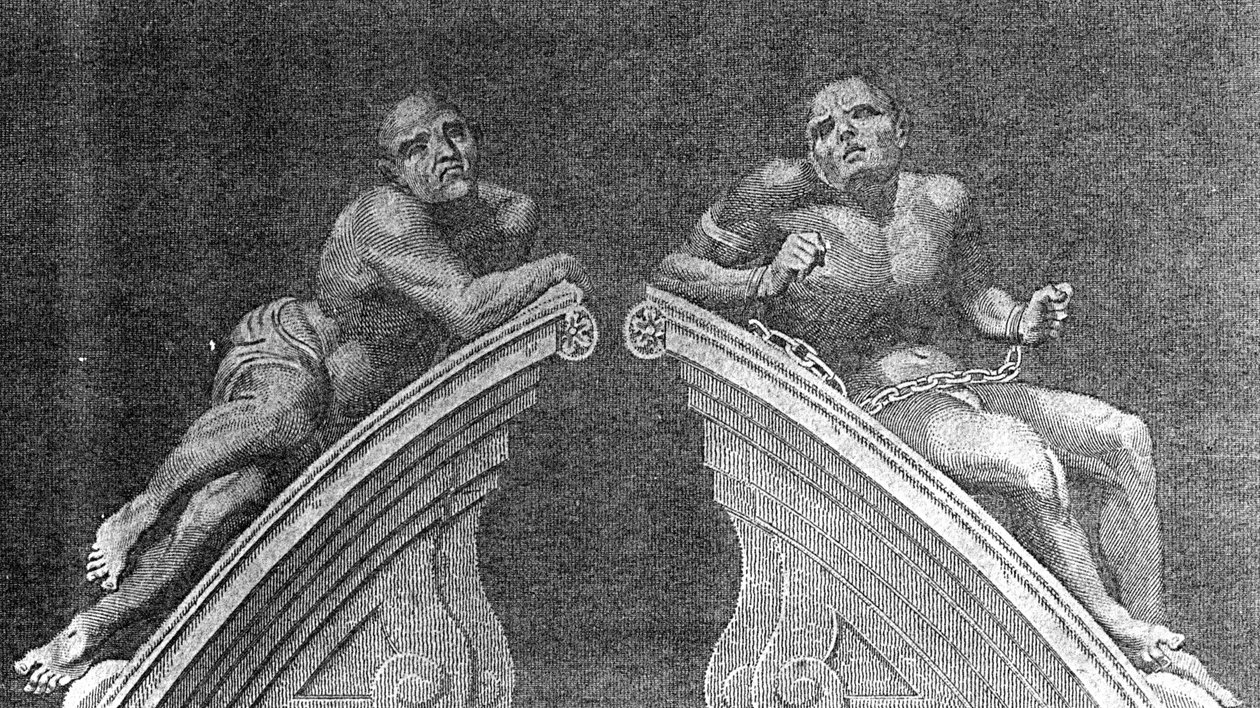 Ábrák a Betlehemi Kórház átjárója felett, A. Birrell metszett a Lamberts-történet London számára, 1805 alkotó: English School