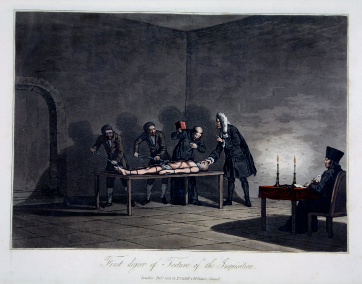 Az inkvizíció kínzásának első foka, vésette L.C. Stadler, kocsma. készítette: Cadell & Davies, London, 1813 körül (színes metszet) alkotó: English School