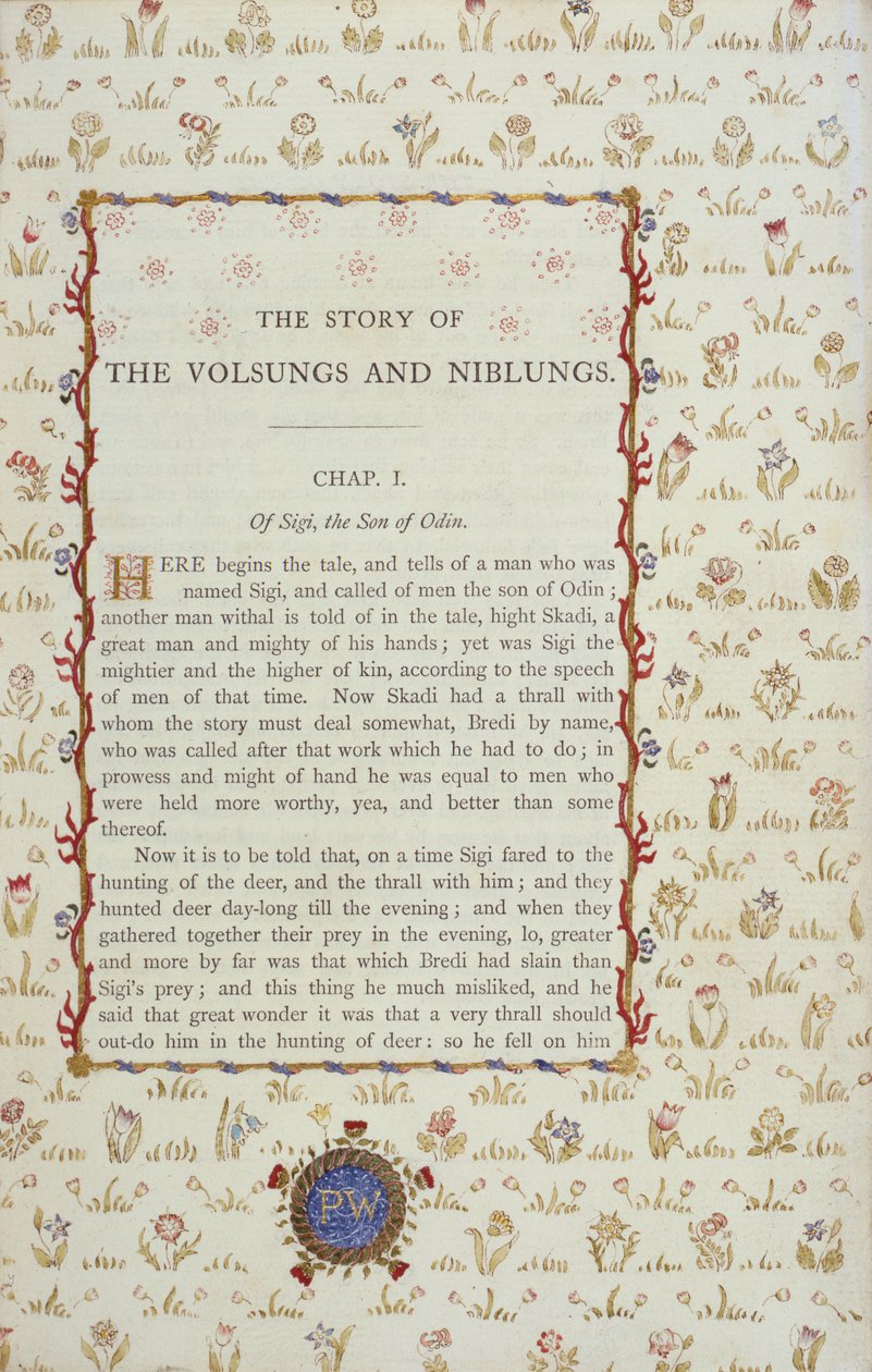 Első oldal a The Story of The Volsungs and Niblungs-ból, 1870 körül alkotó: English School