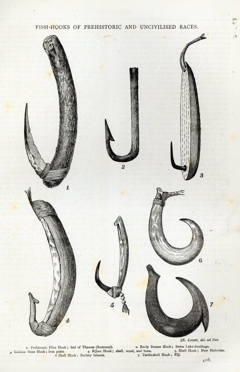 Őskori és civilizálatlan fajok horgai, a „Szabadidő órából”, 1888 (metszet) alkotó: English School