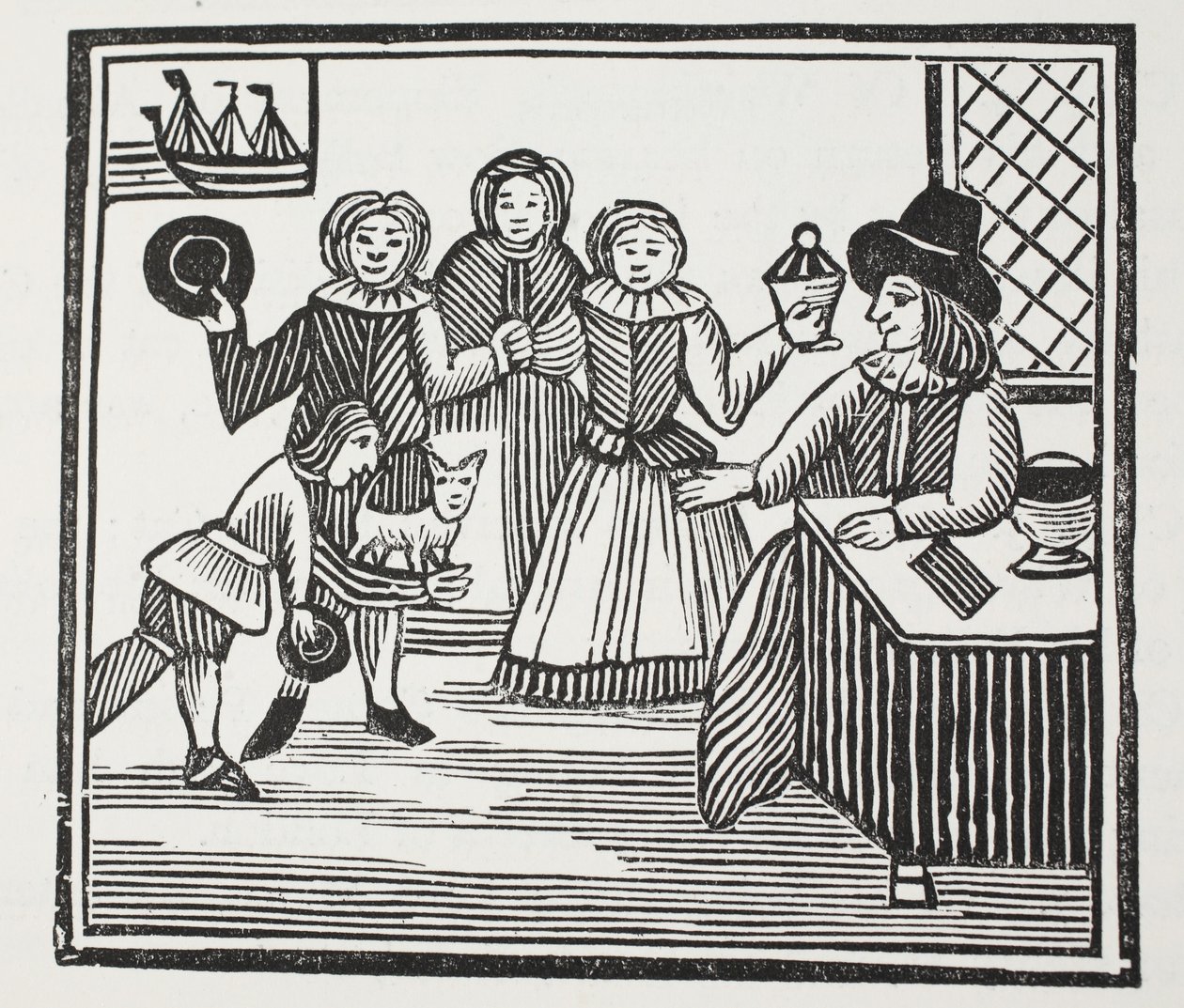 Fitzwarren fogadja a szolgái vállalkozását, illusztráció a Chap-books of the Eighteenth Century-ből, John Ashton, kocsma. 1882 alkotó: English School
