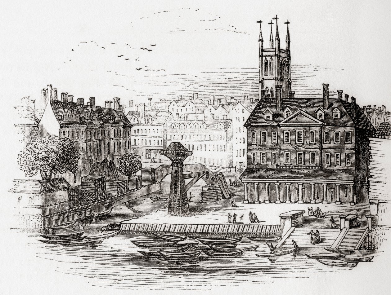 Fleet Ditch, London, Anglia 1749-ben azon a ponton, ahol Bridewellnél a Temzébe futott, Old Englandből: Képi Múzeum, kocsma. 1847 alkotó: English School