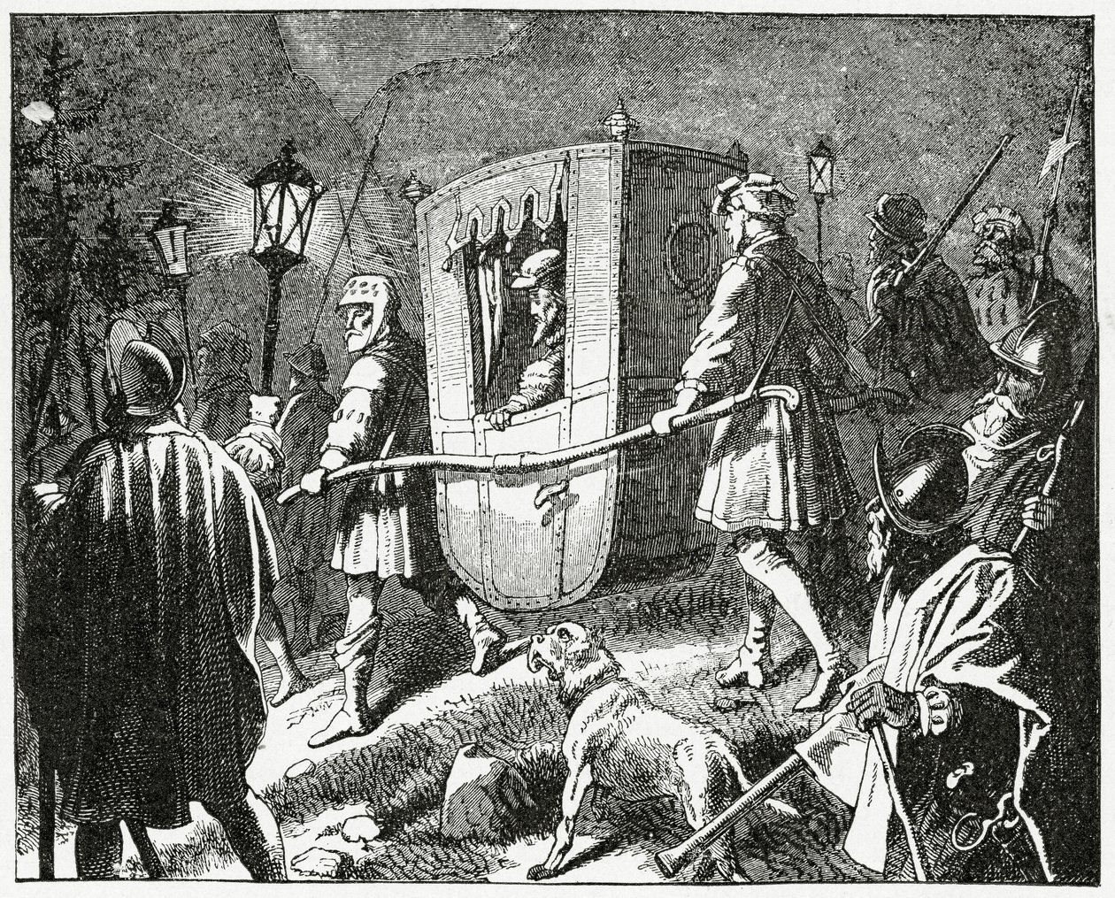 V. Károly császár menekülése 1552-ben a Maurice szász választófejedelem által vezetett protestáns lutheránus csapatok elől, 1882 alkotó: English School