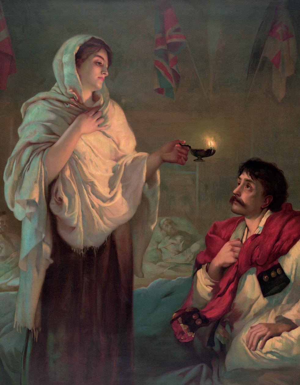 Florence Nightingale olajlámpával alkotó: English School