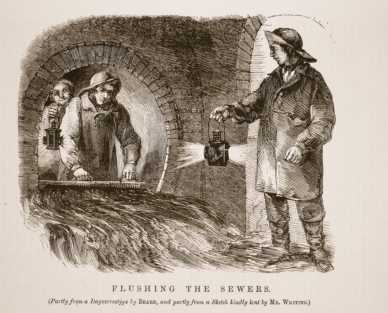 Csatornák öblítése, részben Richard Beard dagerrotípiájából, részben pedig Mr. Whiting által szívélyesen kölcsönadott vázlatból, Henry Mayhew illusztrációja a London Labor és London Poor című könyvéből. 1862 (lit alkotó: English School