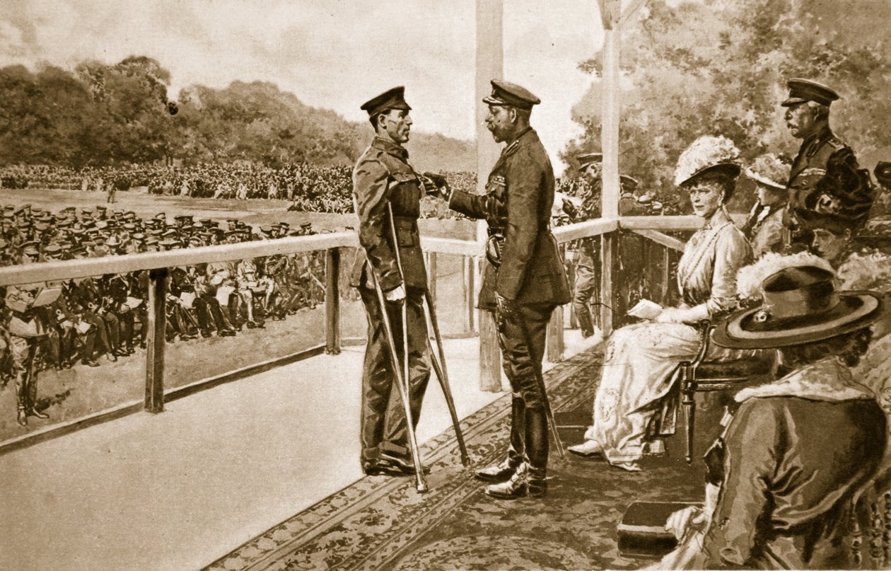 A vitézség kedvéért: George király Thomas Hughes közlegényt, a Connaught Rangersből a V.C.-vel díszíti fel a Hyde Parkban, 1917. június 2., 1914-1919 alkotó: English School