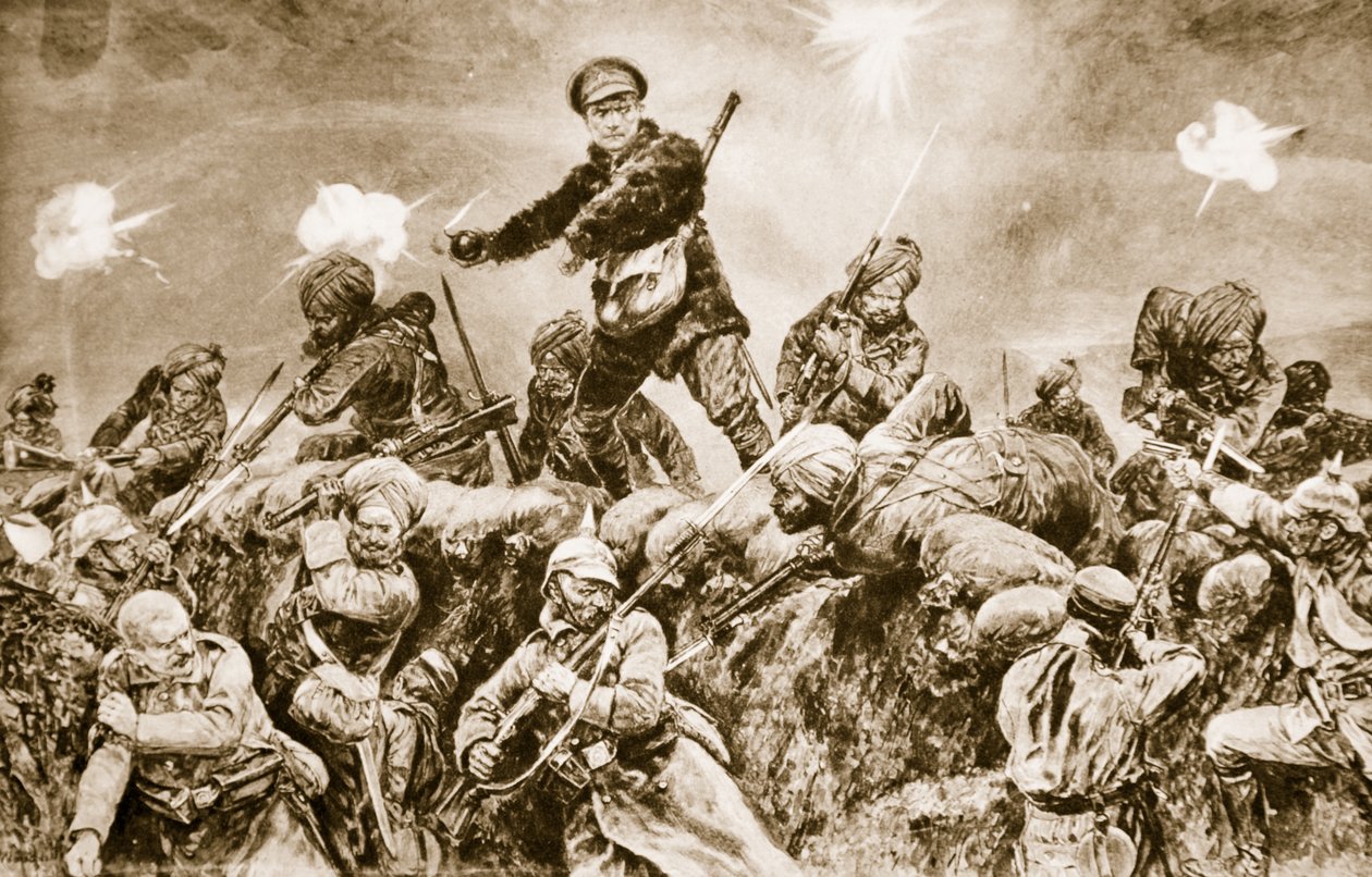 A Raj dicsőségére: indiai csapatok a német lövészárkokat berohanják Neuve Chapelle-nél, 1915. március, 1914-1919 alkotó: English School