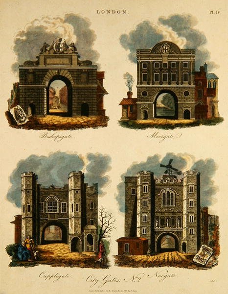 Négy városkapu: Bishopsgate, Moorgate, Cripplegate és Newgate, metszett J. Pass, kocsma. írta G. Jones alkotó: English School