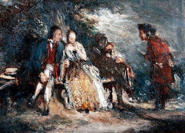 Négy alak, köztük két szerelmespár, beszélgetésben, 1800 körül (olaj, tábla) alkotó: English School