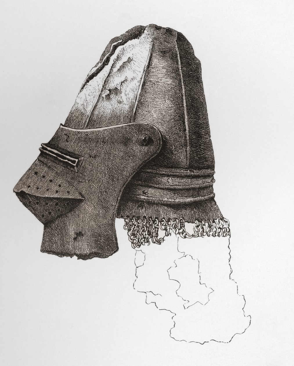 Tizennegyedik századi Visored Bassinet, majdnem gömb alakú, mellékelt Camailie-vel, a Warwick kastélyból. Az 1868-ban megjelent The British Army: Its Origins, Progress and Equipment című könyvéből. alkotó: English School