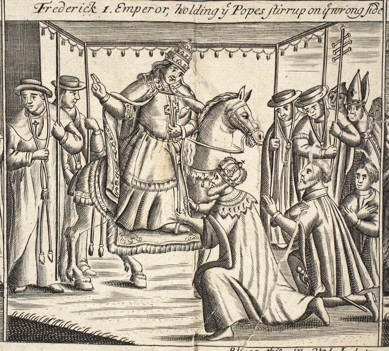 I. Frigyes császár, rossz oldalon tartja a pápák kengyelét, illusztráció: John Foxe, Cselekedetek és emlékművek, kilencedik kiadás, kocsma. 1684 alkotó: English School