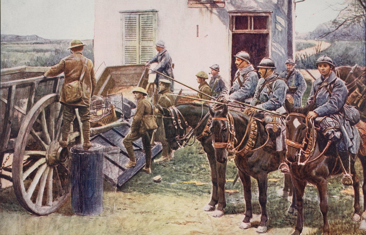 Francia Lancerek érkeznek a falu egyik előőrsére, a brit erők segítségére, 1914-1919 alkotó: English School