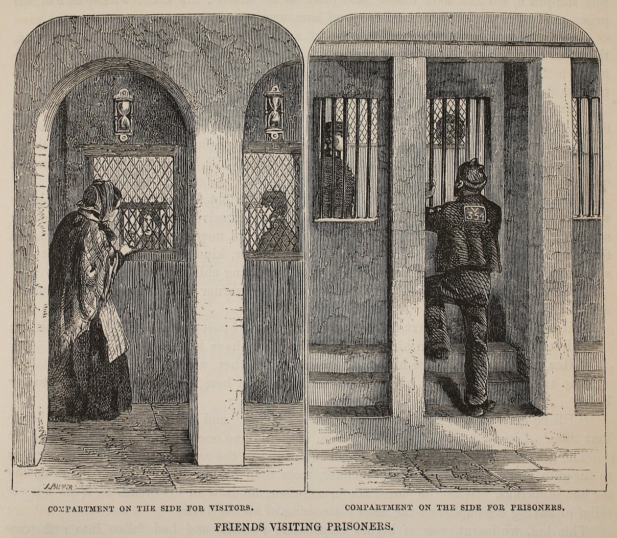 Foglyokat látogató barátok, illusztráció a londoni bűnügyi börtönökből és Henry Mayhew és John Binny jelenetei a börtönéletből, kocsma. 1862 alkotó: English School