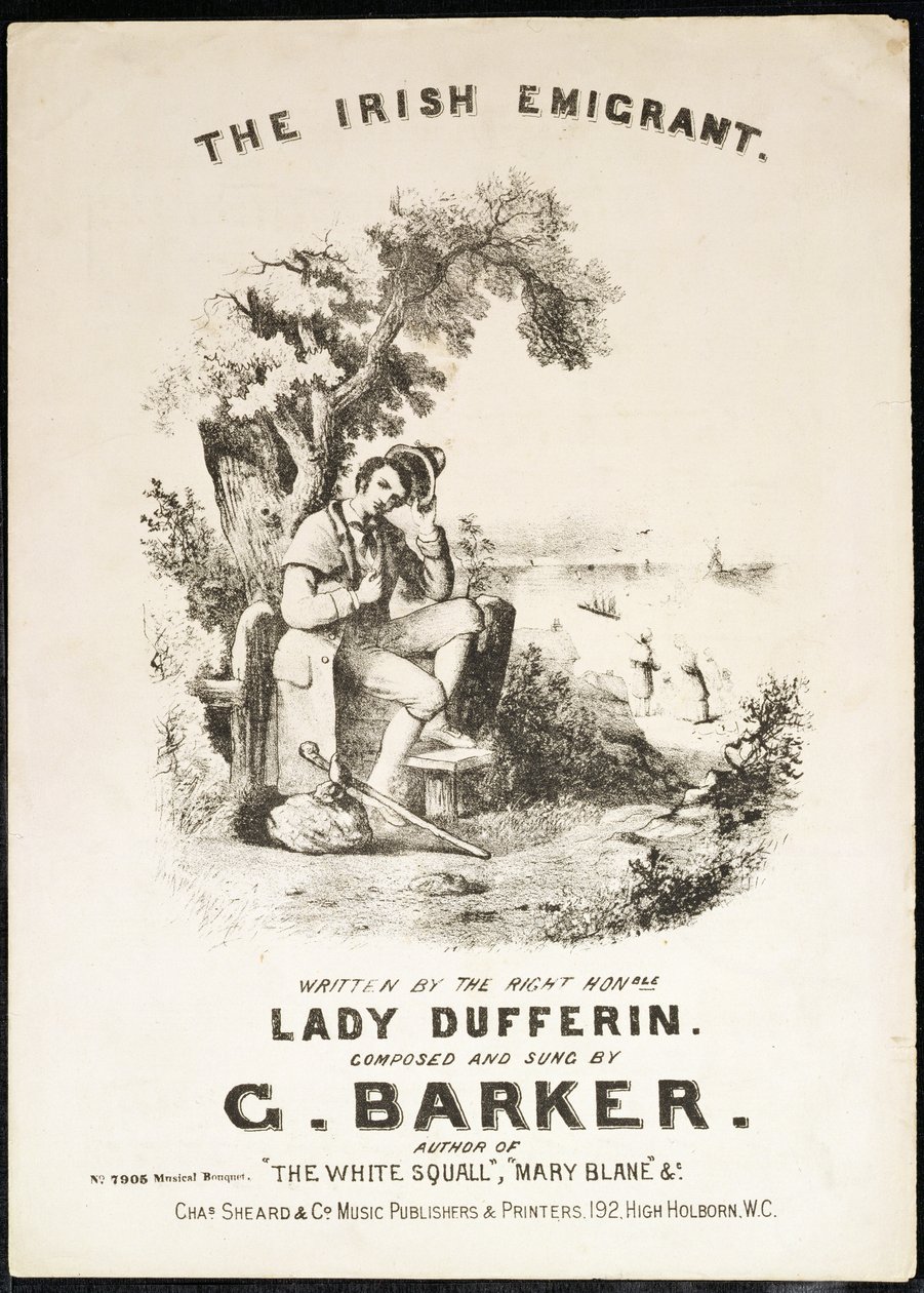 Az ír bevándorló kotta első borítója, írta Lady Dufferin, zeneszerző: G. Barker alkotó: English School