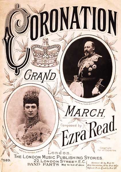 Az Ezra Read által komponált "Coronation Grand March" kottájának elülső borítója (litográfia) alkotó: English School
