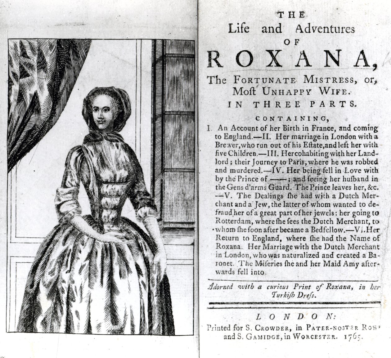 Az 1765-ben megjelent Daniel Defoe Roxana élete és kalandjai címlapja és címlapja alkotó: English School