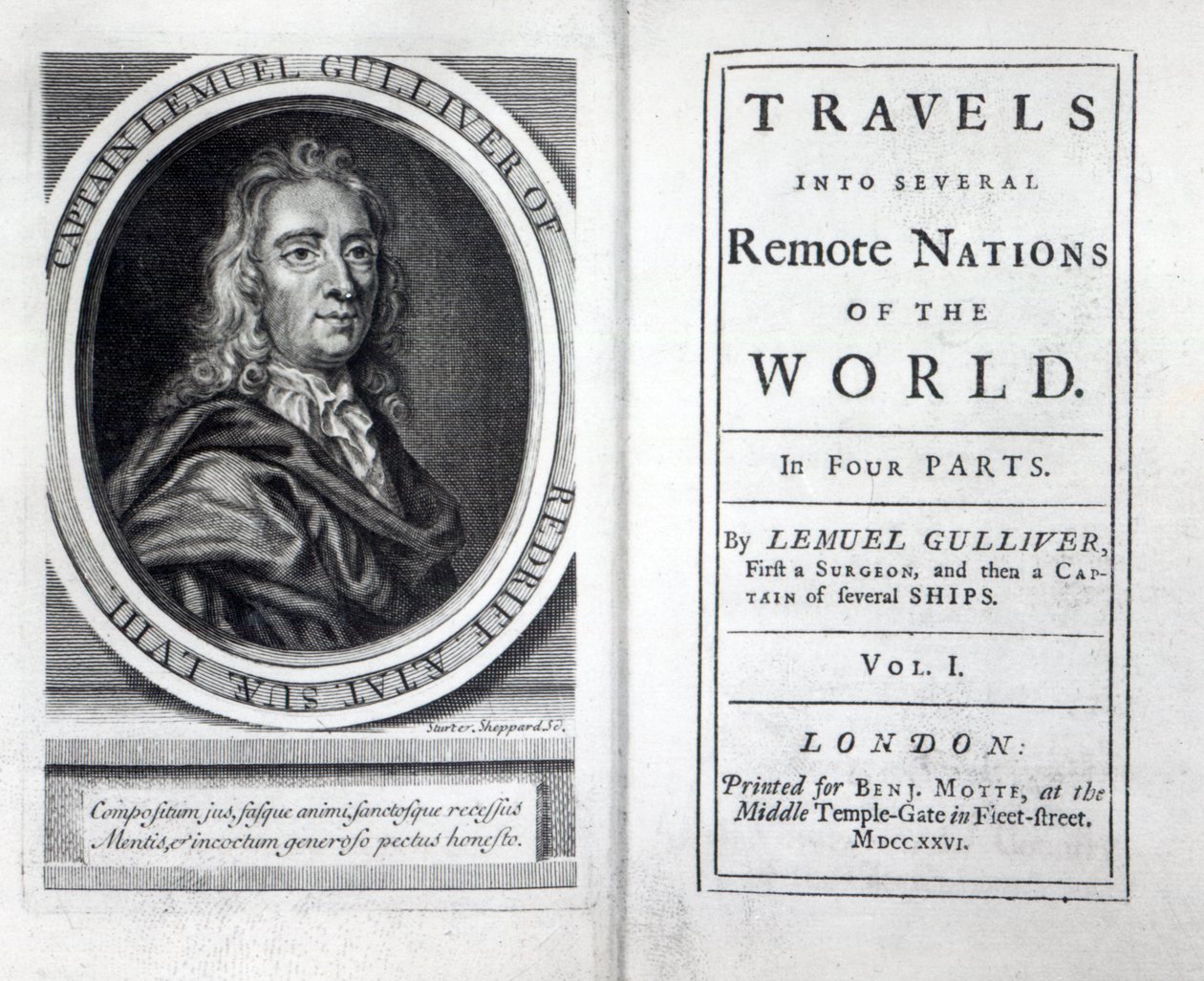 Jonathan Swift Gullivers utazásainak előlapja és címlapja, 1726 alkotó: English School
