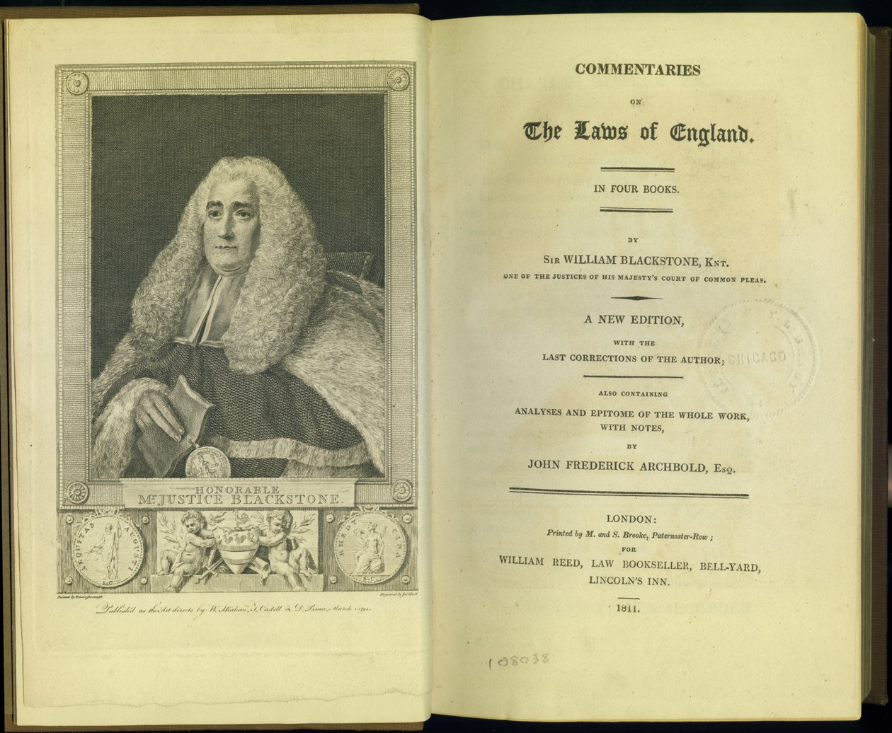 Előlap és címlap a Commentaries on the Laws of England in Four Booksból, Sir William Blackstone, Knt., M. and S. Brooke, London, 1811 alkotó: English School