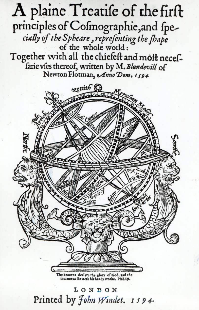 Homlokkép Thomas Blundeville 1594-ben kiadott A Plain Treatise of the First Principles of Cosmographie című könyvéből alkotó: English School