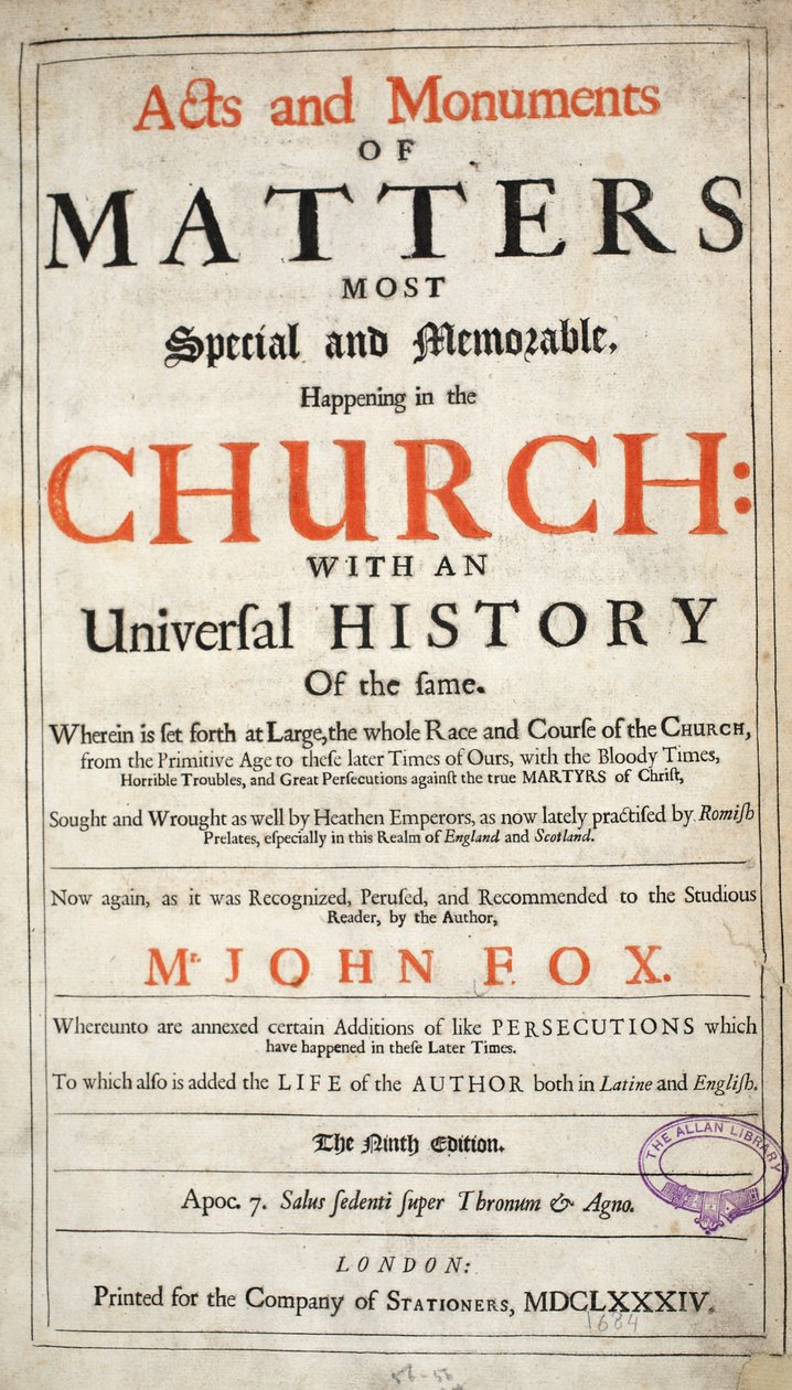 Frontispiece, John Foxe cselekedetei és emlékműveiből, kilencedik kiadás, pub. 1684 alkotó: English School