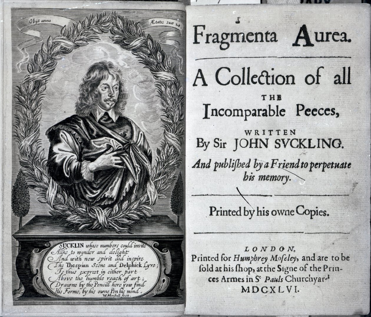 A Fragmenta Aurea előlapja, a Sir John Suckling által írt összes összehasonlíthatatlan darab gyűjteménye, 1646-ban megjelent alkotó: English School