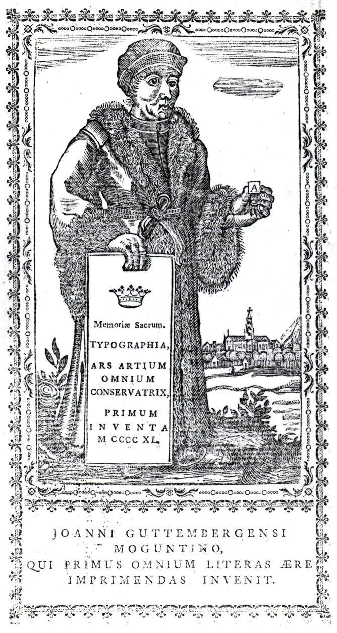 Johannes Gutenberg frontképe Philip Luckombe A nyomtatás eredetének és fejlődésének tömör történetéből, 1770-ben megjelent alkotó: English School