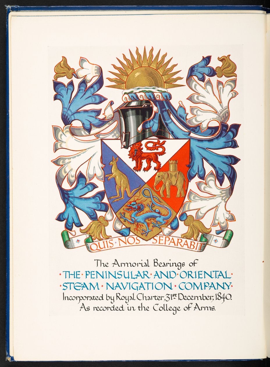 A Királyi Charta által bejegyzett „The Armorial Bearings of the Peninsular and Oriental Steam Navigation Company” frontispiece, 1840. december 31. alkotó: English School