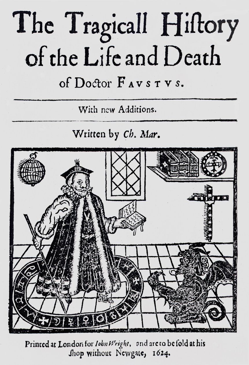 A Doktor Faustus életének és halálának tragikus történetének előlapja, Christopher Marklin, 1616 körül alkotó: English School