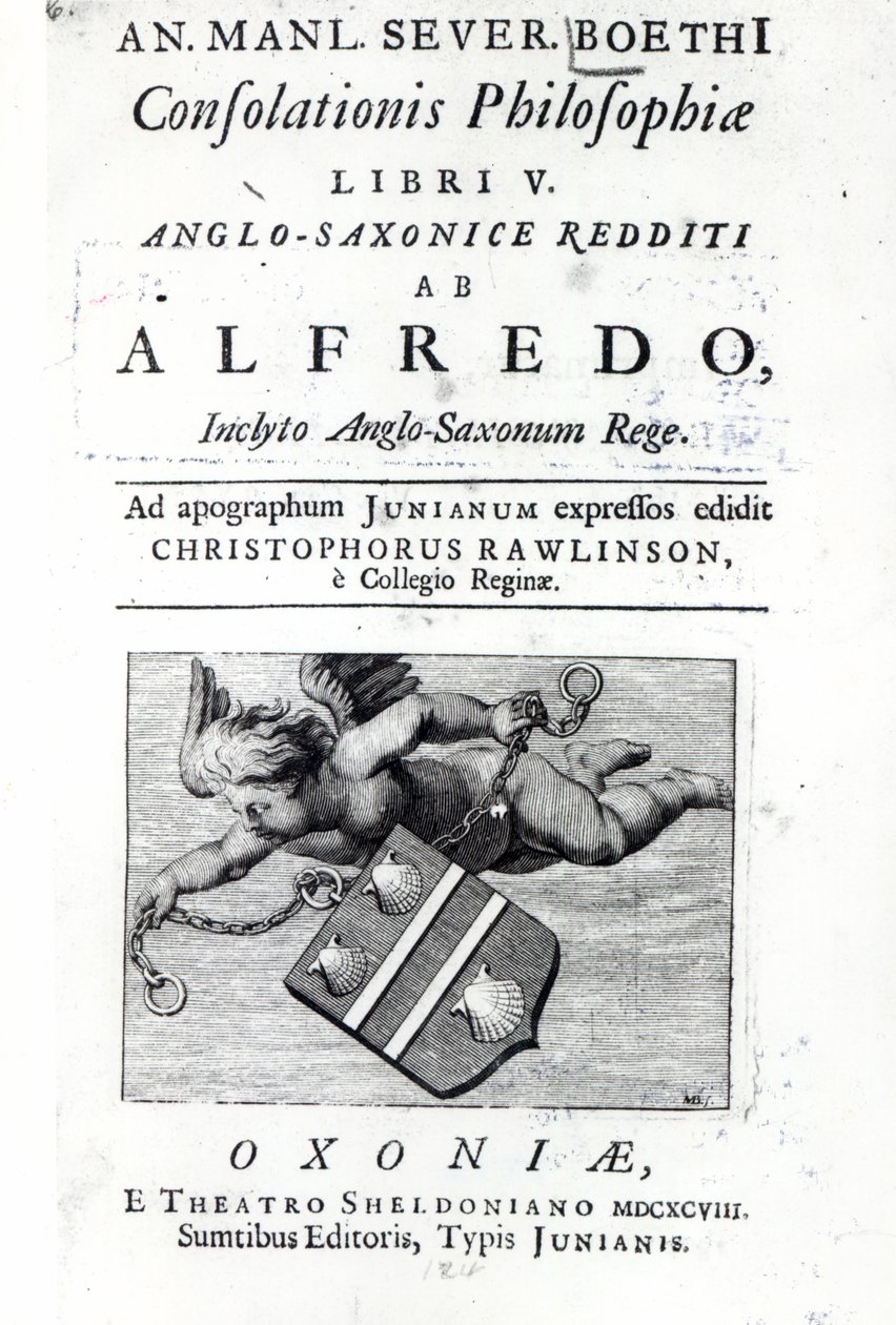 Frontispiece Christopher Rawlinsonnak Nagy Alfréd Boethius De Consolationis Philosophiae 1698-as kiadásának fordítása (nyomtatott) alkotó: English School