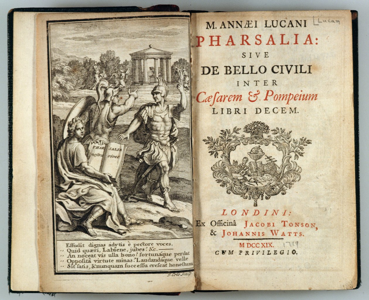 Marcus Annaeus Lucan (Kr. u. 39-65) Pharsalia vagy A polgárháború Caesar és Pompeius festménye, J. Cole metszete, 1719 alkotó: English School