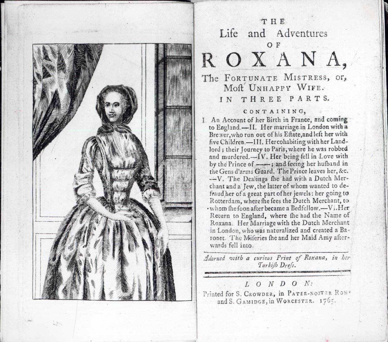 Címlap Roxanához, Daniel Defoe szerencsés úrnője, 1765-ben megjelent kiadás (nyomtatott) alkotó: English School