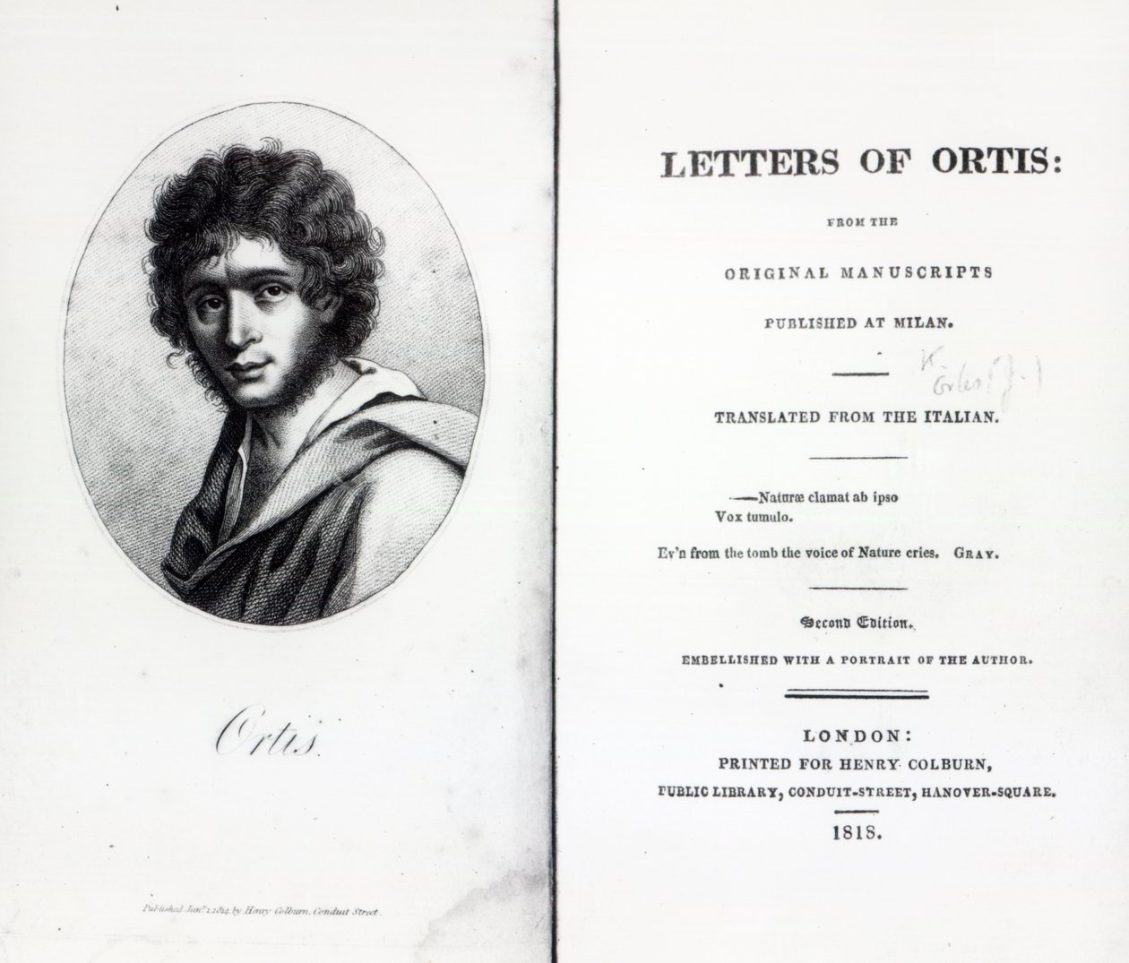 Niccolo Ugo Foscolo előlapja Ortis leveleihez, 1818-ban megjelent kiadás alkotó: English School