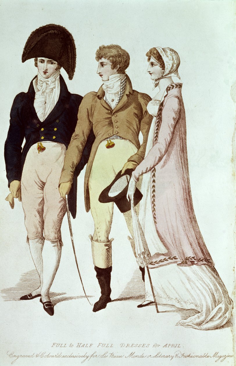 Telt és félig telt ruhák áprilisra, illusztráció a „Le Beau Monde vagy, Irodalmi és divatos magazin”-ból, 1809 alkotó: English School