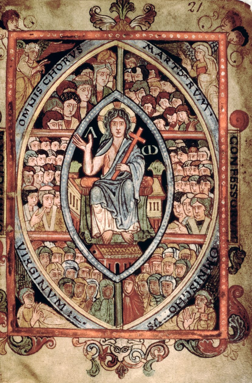 Galba A XVIII f.21r, Christ in Majesty, from the Athelstan Psalter, Old Minster, Winchester, 925-50 (vellum) alkotó: English School