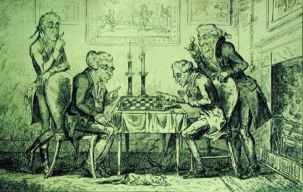 George Cruikshank (1792-1878) által metszett sakkjáték, 1835. augusztus 1-jén megjelent (litho) alkotó: English School